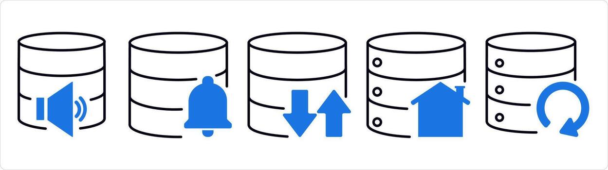 un conjunto de 5 5 Internet íconos como servidor notificación, sincronizar servidor en azul línea color vector