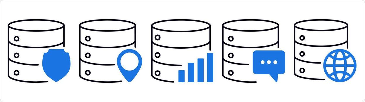 A set of 5 internet icons as server shield, server location, server statistic in blue line color vector