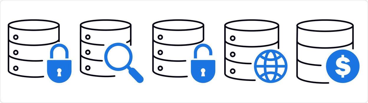 A set of 5 internet icons as server security, global search, global server in blue line color vector