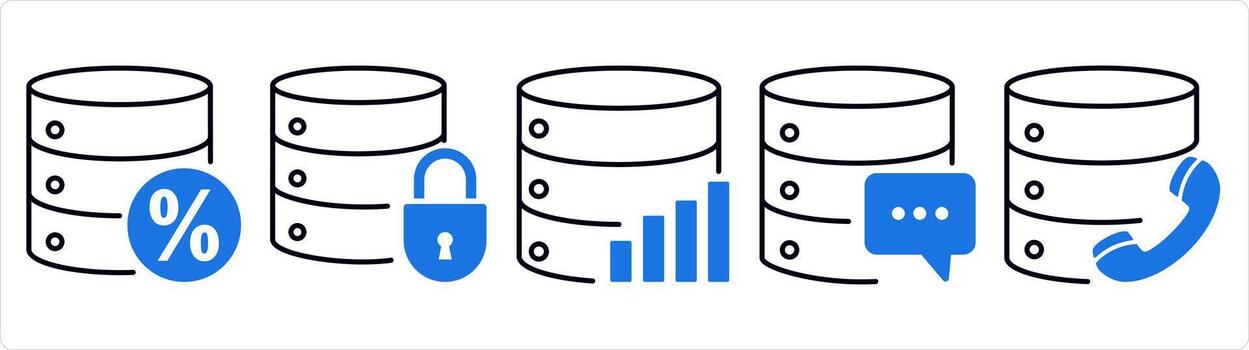 un conjunto de 5 5 Internet íconos como servidor descuento, servidor seguridad, servidor Estadísticas en azul línea color vector