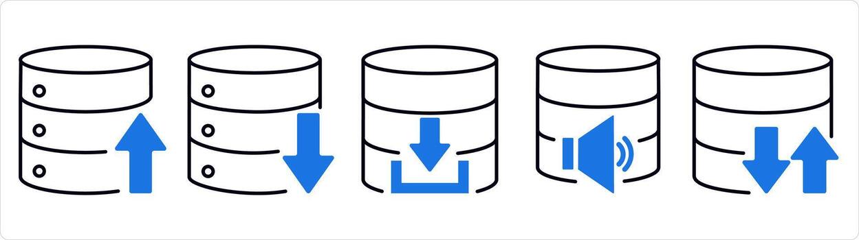 un conjunto de 5 5 Internet íconos como subir servidor, descargar servidor, servidor volumen en azul línea color vector
