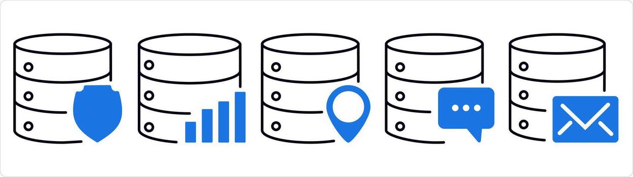 A set of 5 internet icons as server shield, server statistics, server location in blue line color vector