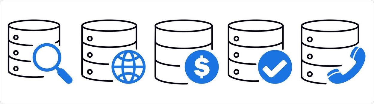 un conjunto de 5 5 Internet íconos como global buscar, global servidor, Finanzas servidor en azul línea color vector