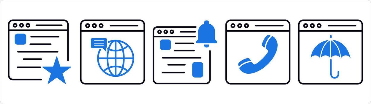 A set of 5 internet icons as favorite webpage, web browser, webpage notification in blue line color vector