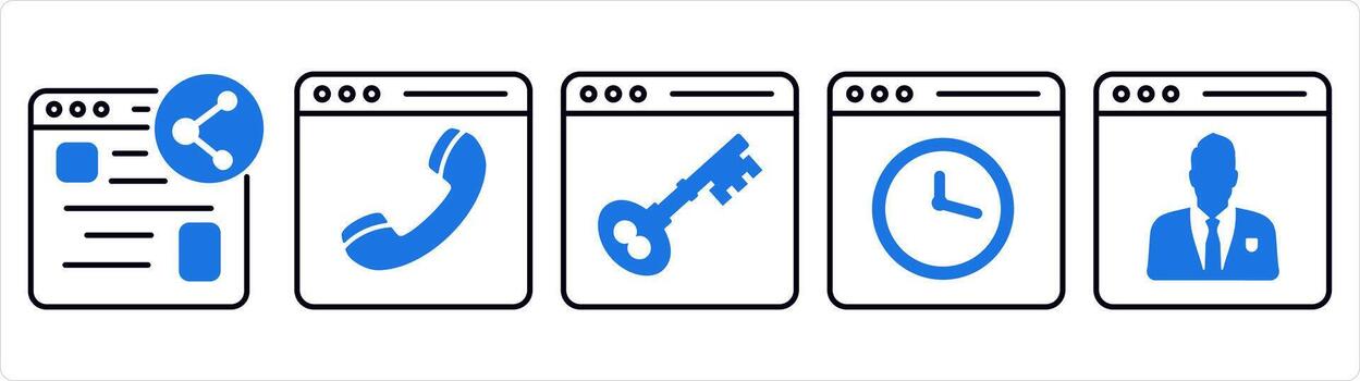 un conjunto de 5 5 Internet íconos como compartir Página web, en línea llamar, página web proteccion en azul línea color vector