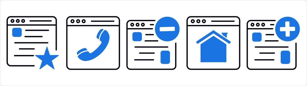 un conjunto de 5 5 Internet íconos como favorito Página web, en línea llamar, eliminar página web en azul línea color vector