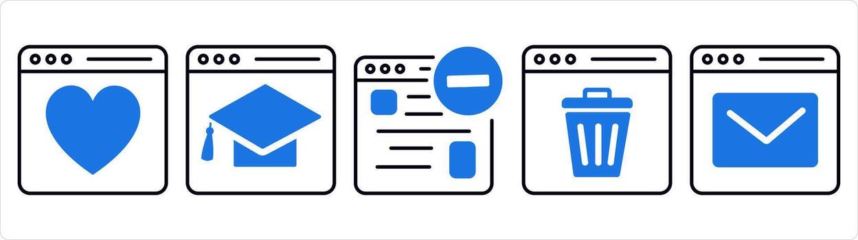 un conjunto de 5 5 Internet íconos como favorito Página web, en línea educación, eliminar página web en azul línea color vector