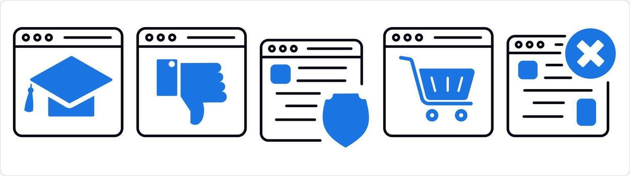 un conjunto de 5 5 Internet íconos como en línea educación, disgusto Página web, página web seguridad en azul línea color vector