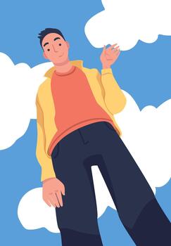 Man Character Standing Looking from Above Friendly Smiling and Waving Hand Illustration vector