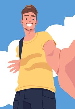 Man Character Standing Looking from Above Friendly Smiling Illustration vector
