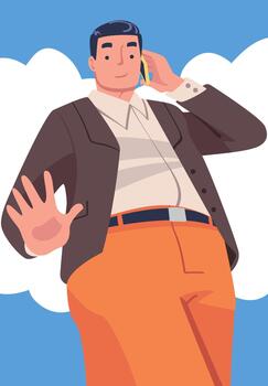 Man Character Walking Looking from Above Friendly Smiling and Waving Hand Illustration vector