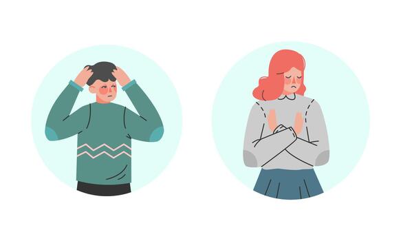 Man and Woman Making Negative Hand Gesture Showing Stop Sign and Frowning in Circular Frame Set vector