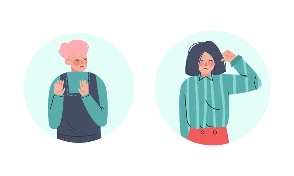 Man and Woman Making Negative Hand Gesture Showing Stop Sign and Thumb Down in Circular Frame Set vector