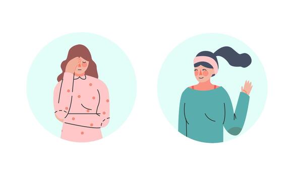 Female Scratching Head and Waving Hand as Positive Gesture in Circular Frame Set vector