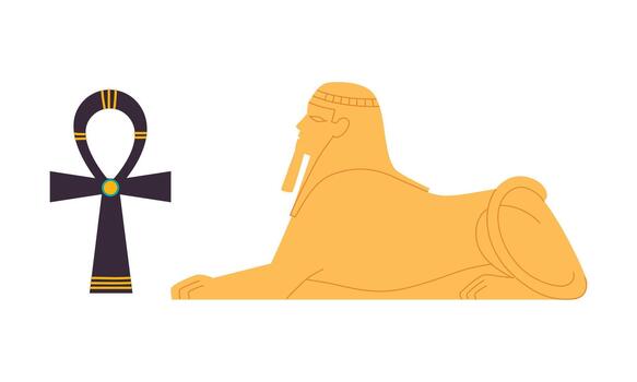 Ankh or Key of Life Ancient Egyptian Hieroglyphic Symbol and Sand Sphinx Set vector