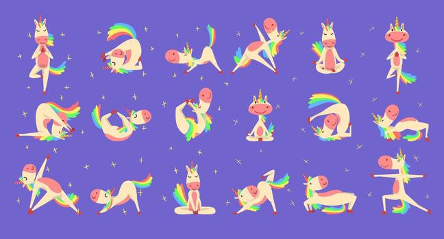 Funny Unicorn Character with Rainbow Mane and Tail Practicing Yoga Exercises Big Set vector
