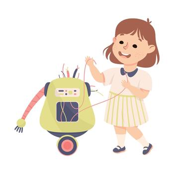 Little Girl Assembling Robot Engineering Smart Technology and Artificial Intelligence Illustration vector