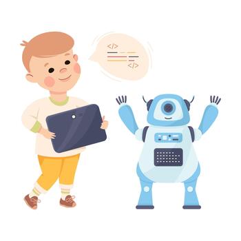 pequeño chico con robot y tableta Ingenieria inteligente tecnología y artificial inteligencia ilustración vector