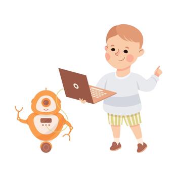 Little Boy with Laptop and Robot Engineering Smart Technology and Artificial Intelligence Illustration vector