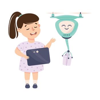 Little Girl with Tablet Programming Drone Robot Using Smart Technology and Artificial Intelligence Illustration vector