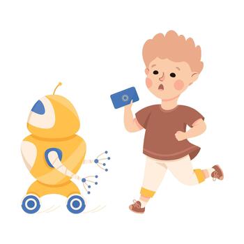 Little Boy with Robot and Control Panel Using Smart Technology and Artificial Intelligence Illustration vector