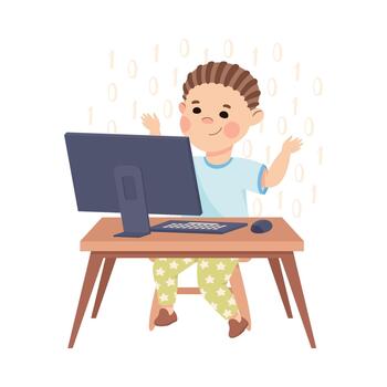 Little Boy Sitting at Computer and Coding Programming and Engineering Smart Technology and Artificial Intelligence Illustration vector