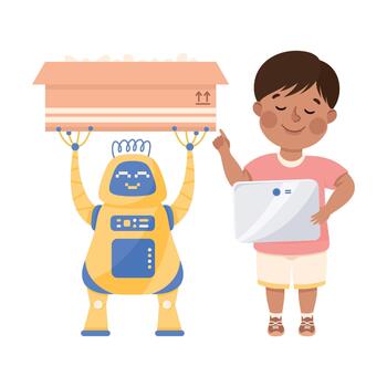 Little Boy with Tablet Programming Robot Carrying Cardboard Box Using Smart Technology and Artificial Intelligence Illustration vector