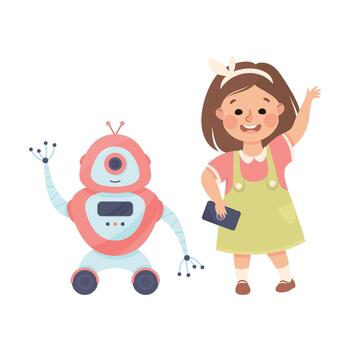 Little Girl with Robot and Control Panel Using Smart Technology and Artificial Intelligence Illustration vector