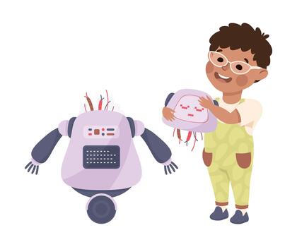 Little Boy Assembling Robot Engineering Smart Technology and Artificial Intelligence Illustration vector