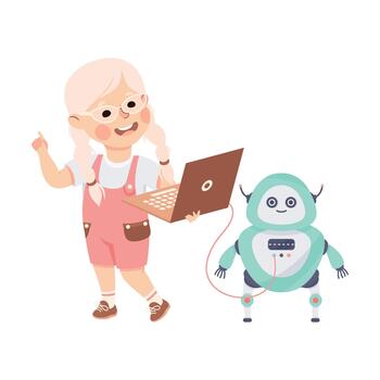 pequeño niña en lentes con ordenador portátil conectando a robot Ingenieria inteligente tecnología y artificial inteligencia ilustración vector