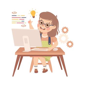 Little Girl in Glasses Sitting at Computer and Coding Programming and Engineering Smart Technology and Artificial Intelligence Illustration vector