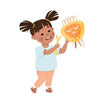 Little Girl Assembling Robot with Wrench Engineering Smart Technology and Artificial Intelligence Illustration vector