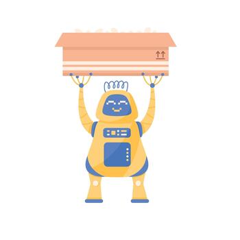 moderno robot y humanoide larva del moscardón con sonriente cara participación cartulina caja como artificial inteligencia ilustración vector