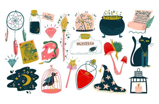 Witchcraft and Magic Objects Like Skull, Poison, Cauldron, Crystal Ball, Spellbook and Dreamcatcher Big Set vector