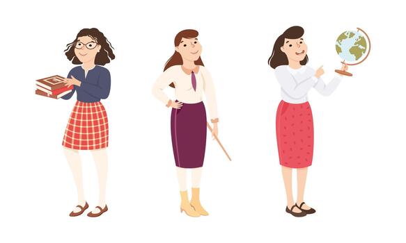 Woman School Teacher or Educator Standing with Pointer and Globe Explaining Something Set vector