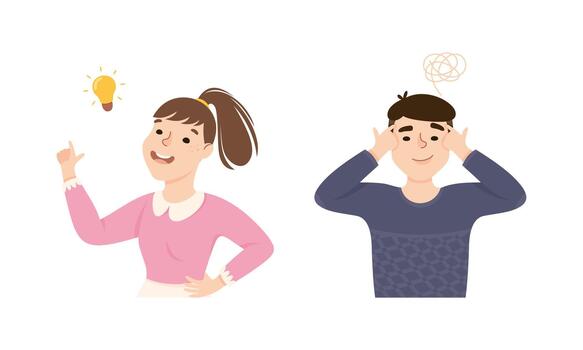 hombre y mujer pensando y calculando alguna cosa fuera buscando para idea conjunto vector