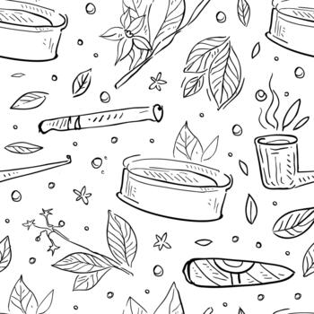 Tobacco with Sketchy Drawn Leaf, Cigar and Smoking Pipe Seamless Pattern Template vector