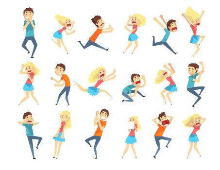 Scared and Frightened People Characters Screaming and Escaping Afraid of Something Big Set vector