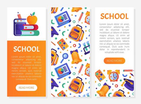 School Objects and Supplies Design with Backpack, Alarm Clock, Book and Bell Template vector