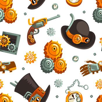 Steampunk Retrofuturistic Technology with Industrial Steam-powered Mechanism Seamless Pattern vector