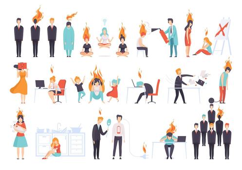 Stress with People Character with Negative Emotion Burned Out at Work and at Home with Flame Big Set vector