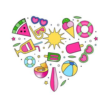 Summer Colorful Design with Bright Beach Objects Heart Shaped Composition vector