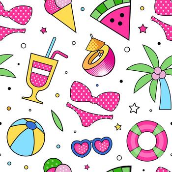 Summer Colorful Design with Bright Beach Objects Seamless Pattern Template vector