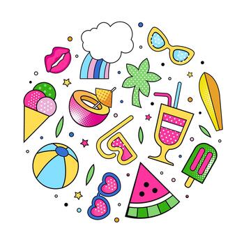 Summer Colorful Design with Bright Beach Objects Round Composition vector