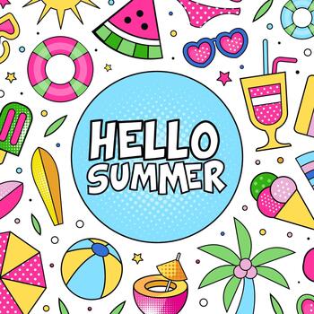 Summer Colorful Design with Bright Beach Objects Template vector