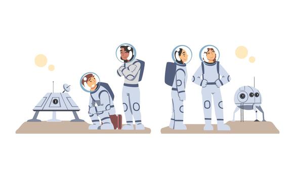 hombre y mujer astronauta personaje en exterior espacio en traje espacial aterrizaje en el Luna conjunto vector