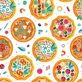 Pizza as Baked Round Dough Topped with Different Ingredient Seamless Pattern Template vector