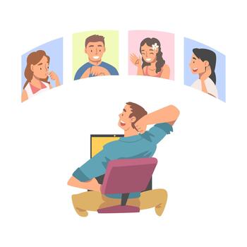 hombre teniendo conferencia llamada con su negocio equipo. colegas hablando a cada otro en computadora pantalla dibujos animados ilustración vector