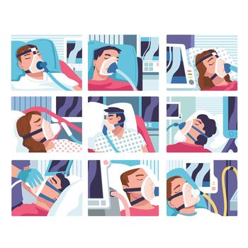 Patients in Hospital Having Artificial Lung Ventilation Being in Critical Condition Lying on Bed with Mask Set vector