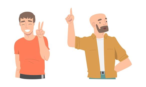 Cheerful people communicating with hand gestures set. Smiling men showing peace sign and pointing with index finger up cartoon illustration vector